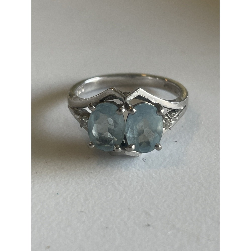 14K White Gold Blue Stone Ring Aquamarine 2 Oval Diamond Accent Vintage Sz 5.5 - Picture 3 of 8